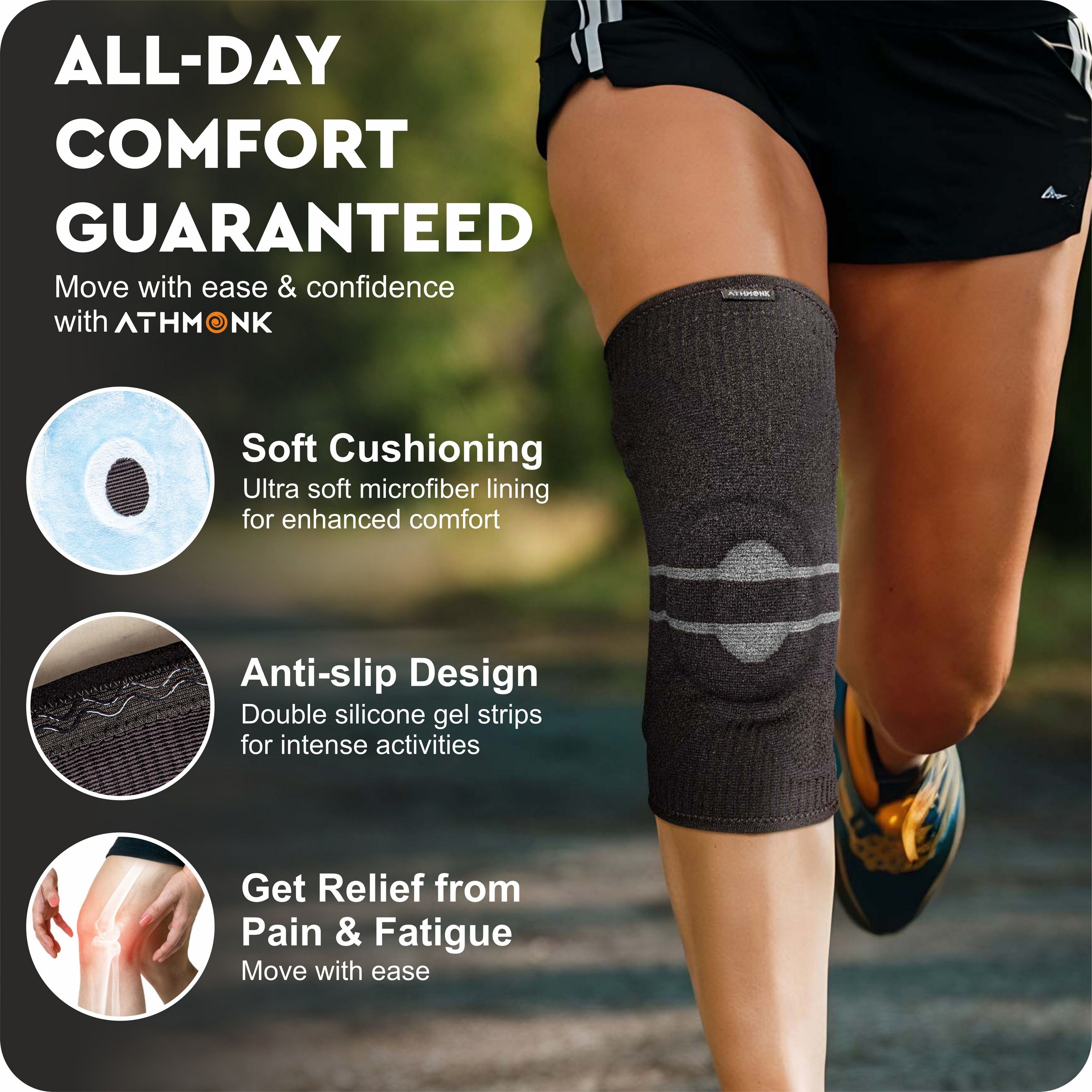 Athmonk 3D Patella Silicone Gel Pad Compression Knee Caps Supporter For Women & Men Charcoal Black